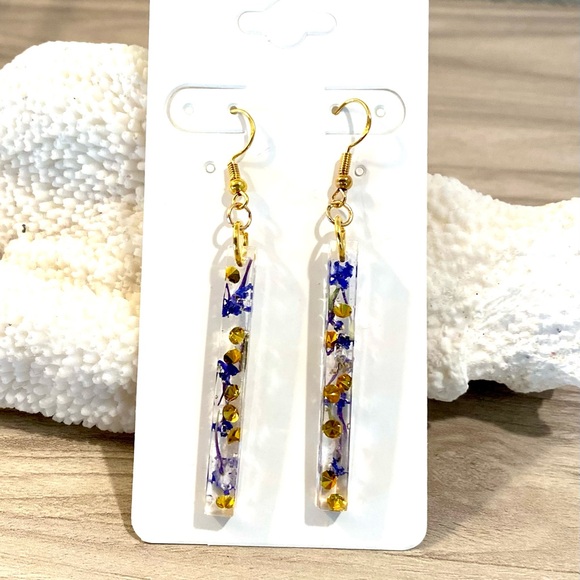 Jewelry - 41. Gold crystal and purple Floral Resin Drop Earrings - Women Jewelry